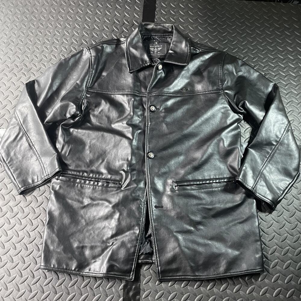 Reportage R.G.A. Faux Leather Car Coat Jacket Mens XL Black Button Front Lined